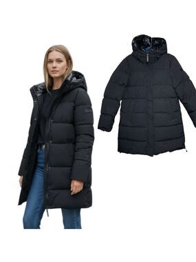 Sanctuary Black 700 Down Hooded Puffer Coat Mid Length M Wind Water Resistant